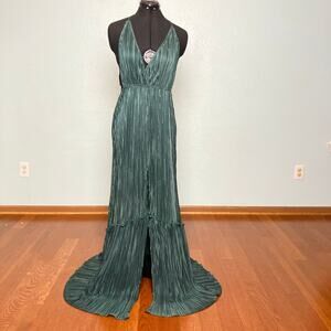 L Green Maxi Dress Tiered Sundress Halter Backless Spaghetti Strap strappy Slit